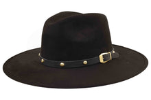 Load image into Gallery viewer, Black fedora hat with a leather band and gold studs on a white background