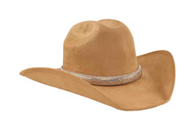 Load image into Gallery viewer, Tan cowboy hat with a decorative band on a white background