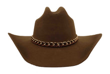 Load image into Gallery viewer, Brown cowboy hat with a gold chain band on a white background