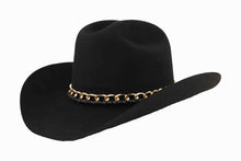 Load image into Gallery viewer, Dali Black virgin wool western hat with gold chain trim by ASN Hats – side view