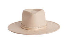 Load image into Gallery viewer, A light beige wide-brim fedora hat with a braided band, shown against a plain white background. Front View
