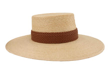 Load image into Gallery viewer, Beige straw hat with a brown band on a white background