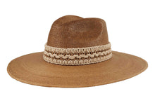Load image into Gallery viewer, Brown straw hat with a decorative beige band.