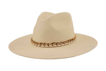 Load image into Gallery viewer, Beige fedora wool hat with a gold chain around the brim on a white background