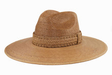 Load image into Gallery viewer, Tan straw hat with wide brim on a white background