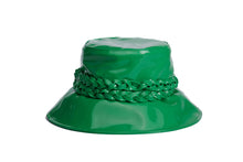 Load image into Gallery viewer, A glossy green bucket hat with a wide brim and a thick braided green band around the crown, shown against a plain white background. Back