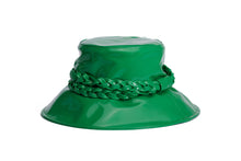 Load image into Gallery viewer, A glossy green bucket hat with a wide brim and a thick braided green band around the crown, shown against a plain white background. Side