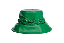 Load image into Gallery viewer, A glossy green bucket hat with a wide brim and a thick braided green band around the crown, shown against a plain white background.