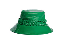 Load image into Gallery viewer, A glossy green bucket hat with a wide brim and a thick braided green band around the crown, shown against a plain white background. Side