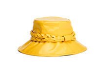 Load image into Gallery viewer, A bright yellow glossy bucket hat featuring a wide brim and a thick braided rope detail wrapped around the crown, shown against a plain white background. Side