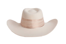 Load image into Gallery viewer, A cream-colored cowboy hat with a matching fabric band wrapped around the crown, shown against a plain white background. back