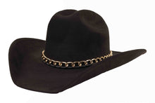 Load image into Gallery viewer, Black cowboy hat with a gold chain band on a white background