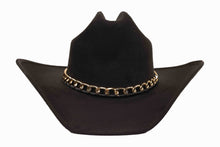 Load image into Gallery viewer, Black cowboy hat with a gold chain band on a white background