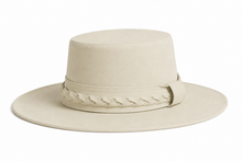Load image into Gallery viewer, Beige wide-brimmed hat with braided detail on a white background