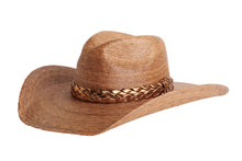Load image into Gallery viewer, A brown woven straw cowboy hat with a braided leather band, shown from the front on a plain white background.