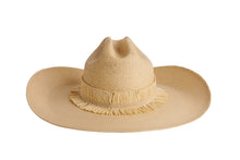 Load image into Gallery viewer, A light tan woven straw cowboy hat with a wide brim, a tall crown, and a decorative fringed band, shown against a plain white background.
