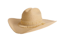 Load image into Gallery viewer, A light tan woven straw cowboy hat with a wide brim, a tall crown, and a decorative fringed band, shown against a plain white background.