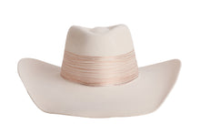 Load image into Gallery viewer, A cream-colored cowboy hat with a matching fabric band wrapped around the crown, shown against a plain white background.