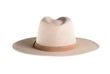 Load image into Gallery viewer, Suede hat with the crown shaped into a clean and ridged design with a double synthetic suede tan trim, back view
