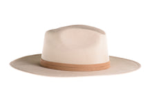 Load image into Gallery viewer, Suede hat with the crown shaped into a clean and ridged design with a double synthetic suede tan trim, right side view
