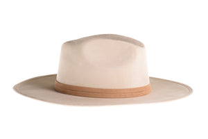 Suede hat with the crown shaped into a clean and ridged design with a double synthetic suede tan trim, right side view