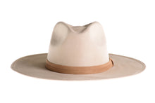 Load image into Gallery viewer, Suede hat with the crown shaped into a clean and ridged design with a double synthetic suede tan trim, front view
