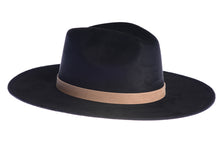 Load image into Gallery viewer, Black rancher hat with a double bound synthetic suede tan trim, right side view
