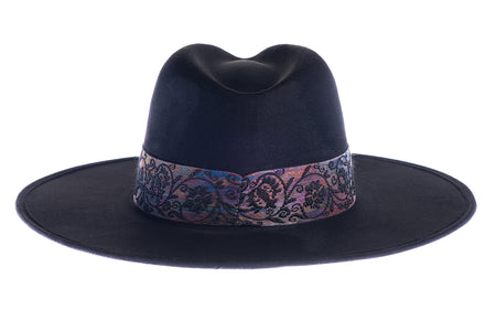 Black polyester suede hat with a jacquard rose trim, back view