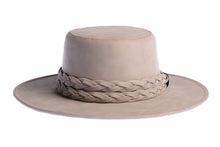 Load image into Gallery viewer, Smokey grey hue cordobes hat made of vegan leather and finished with a statement double braid, front view
