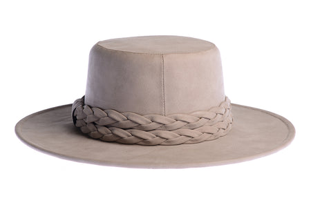Smokey grey hue cordobes hat made of vegan leather and finished with a statement double braid, back view