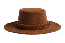 Load image into Gallery viewer, Brown hat composed of soft velour fabric with a double braid, front view
