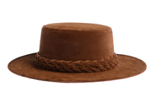 Load image into Gallery viewer, Brown hat composed of soft velour fabric with a double braid, right side view