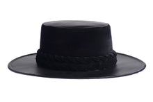 Load image into Gallery viewer, Hat swathed in rich black velour fabric and a brim made of black synthetic leather with a double braid velour trim, right side view