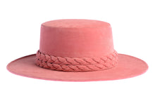 Load image into Gallery viewer, Cordobes hat composed of vibrant pink felt and with a statement double braid, right side view