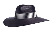 Load image into Gallery viewer, Straw wide palma hat made with palm leaves and finished with a cotton striped trim, left side view