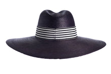 Load image into Gallery viewer, Straw wide palma hat made with palm leaves and finished with a cotton striped trim, back view