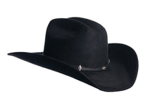 Load image into Gallery viewer, A black cowboy hat with a black band and small silver conchos.