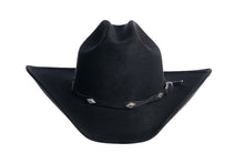 Load image into Gallery viewer, A black cowboy hat with a black band and small silver conchos.