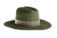 Load image into Gallery viewer, Hat made of fine olive green wool, this consists of a stiffened double-peak crown and ironed wide brim which is complemented by a faux snakeskin trim, right side view
