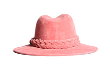 Load image into Gallery viewer, Hat swathed of rich pink velour fabric with a stiffened peaked crown and a pink double braid trim, back view
