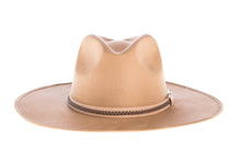 Load image into Gallery viewer, Suede hat shaped into a clean and ridged design with double bound synthetic suede and braided trim, front view
