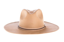 Load image into Gallery viewer, Suede hat shaped into a clean and ridged design with double bound synthetic suede and braided trim, front view