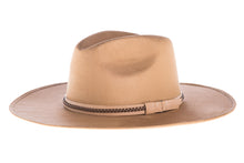 Load image into Gallery viewer, Suede hat shaped into a clean and ridged design with double bound synthetic suede and braided trim, left side view