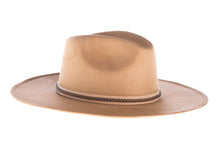 Load image into Gallery viewer, Suede hat shaped into a clean and ridged design with double bound synthetic suede and braided trim, right side view
