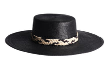 Load image into Gallery viewer, Wide black brim palm hat with woven straw trim in a crisscross design, right side view