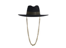 Load image into Gallery viewer, Black hat composed of the finest wool, it has an elegant structured crown, finished with a studded trim that defines the body of the hat. It comes with a detachable gold chain, front view