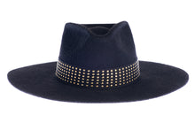 Load image into Gallery viewer, Black hat composed of the finest wool, it has an elegant structured crown, finished with a studded trim that defines the body of the hat. Front view