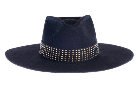 Black hat composed of the finest wool, it has an elegant structured crown, finished with a studded trim that defines the body of the hat. Front view