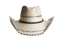 Load image into Gallery viewer, A light beige straw cowboy hat with a dark brown braided band and matching braided trim along the brim's edge, shown against a plain white background. Front