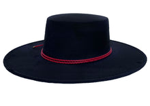 Load image into Gallery viewer, Cordobes hat composed of vegan suede navy blue color and with a red double braid, right side view
